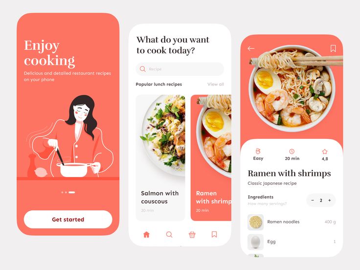 three mobile screens showing food items and the text, enjoy cooking what do you want to cook today?