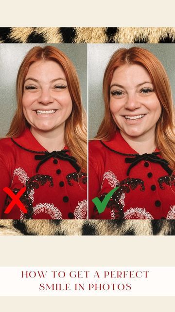 a woman with red hair is smiling and wearing a red shirt that says how to get a perfect smile in photos