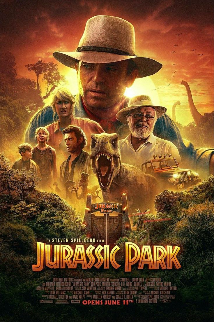 the movie poster for jurasic park with dinosaurs and men in hats on it