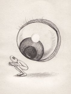 a pencil drawing of a person looking at an eyeball