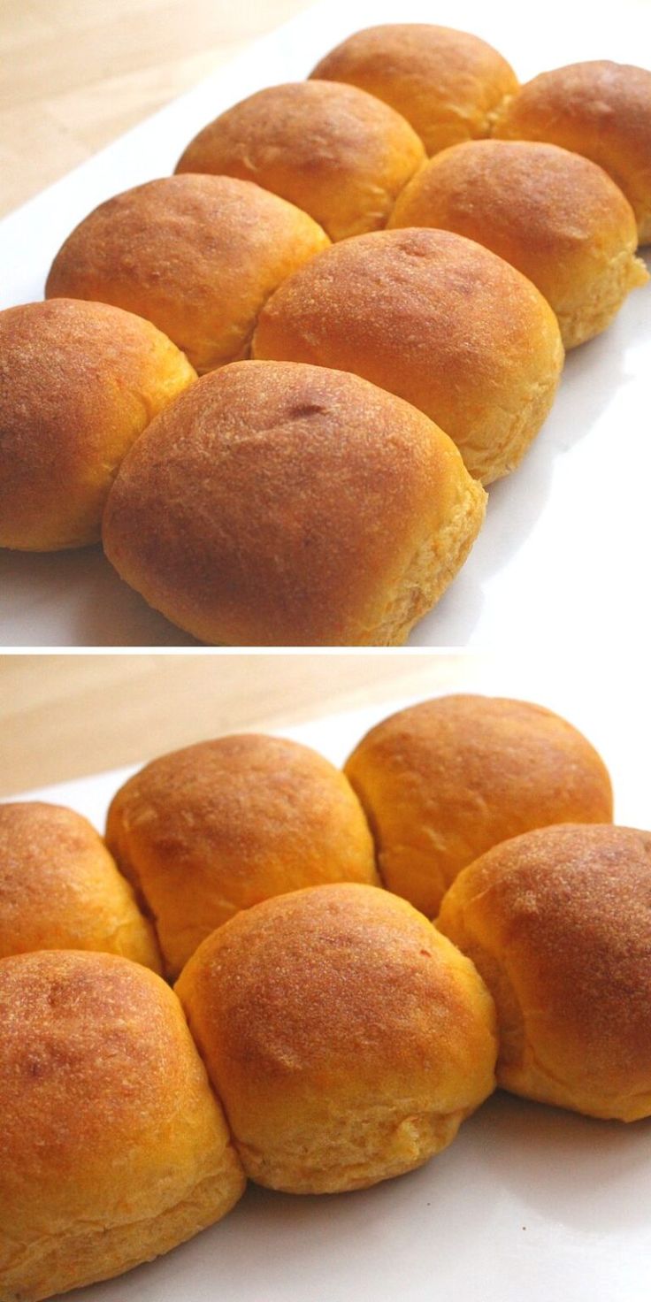 two pictures of bread rolls on a white plate