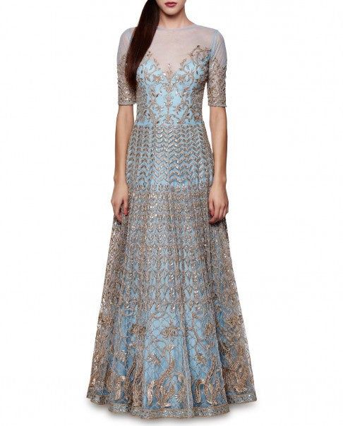 Powder Blue Gotta Patti Gown – Panache Haute Couture Light Blue Embellished Floor-length Dress, Blue Gown With Resham Embroidery In Maxi Length, Blue Resham Embroidered Maxi Gown, Blue Floor-length Gown With Resham Embroidery, Blue Floor-length Gown With Intricate Embroidery, Blue Gown With Resham Embroidery, Wedding Gown In Blue With Intricate Embroidery, Blue Maxi Gown With Floral Embroidery, Wedding Gown With Intricate Blue Embroidery