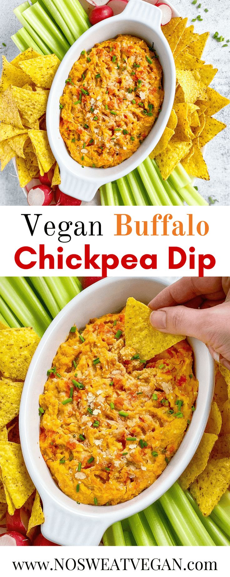 vegan buffalo chickpea dip in a bowl with tortilla chips