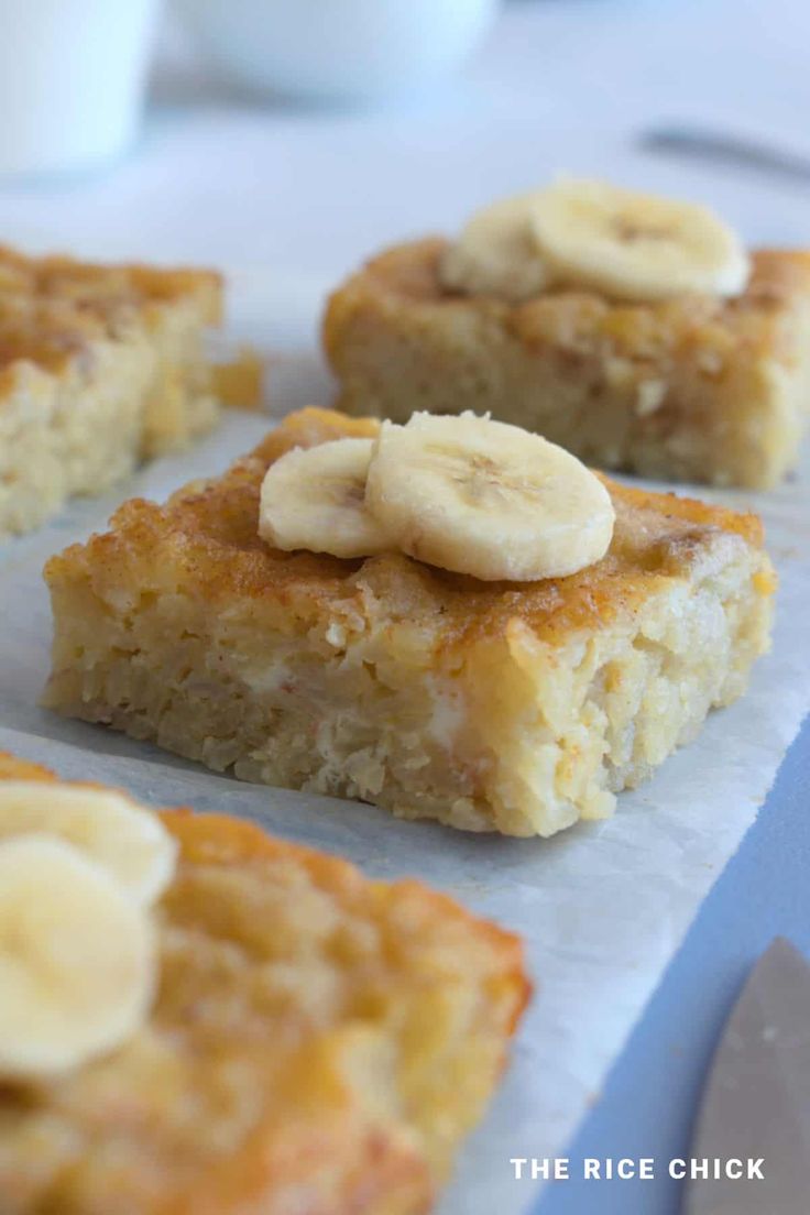 four pieces of cake with bananas on top