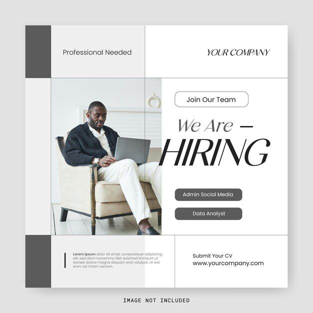 a brochure with an image of a man sitting in a chair and the words we are hiring on it