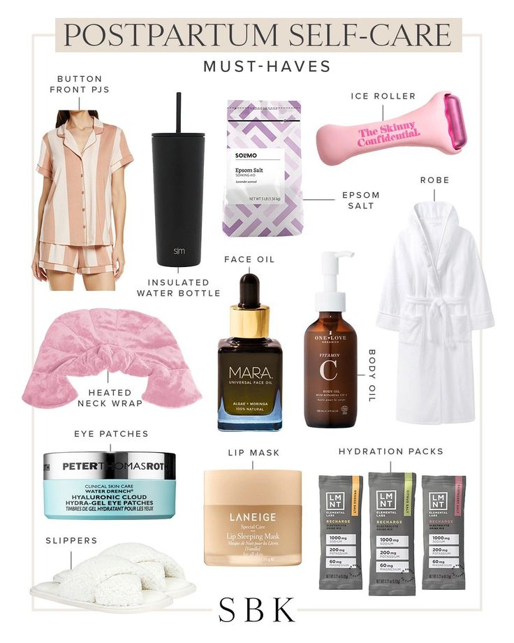 the contents of a postpartum self - care product including bathrobe, shower gel