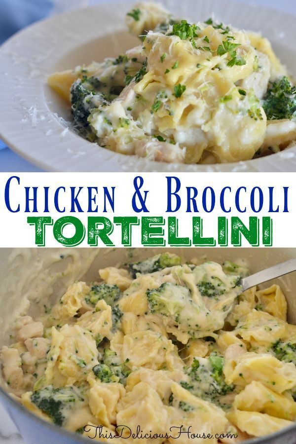 chicken and broccoli tortelli in a white bowl