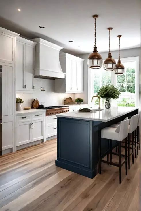 a large kitchen with white cabinets and wooden floors