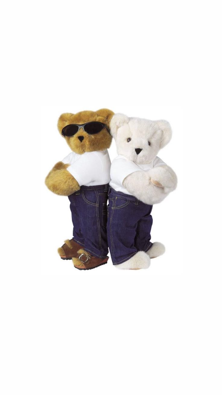 two teddy bears dressed in jeans and sunglasses