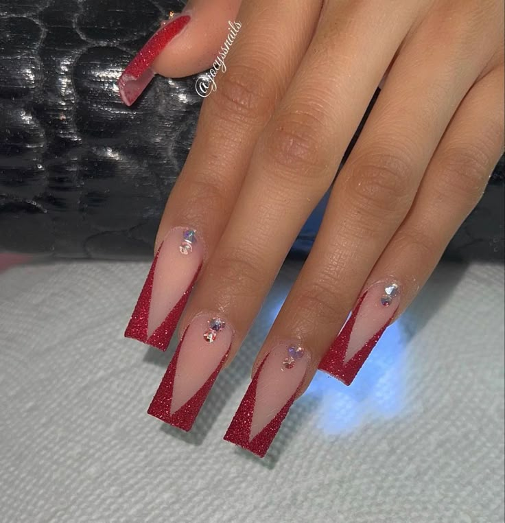 Red And Bling Nails, Red French Tip Nails Coffin With Design, Red Nails Mid Length, Nails Inspo For Red Dress, Red And Black Nails For Quinceanera, Red Tapered Square Nails Medium, Red Prom Heels Sparkle, Red V Shape French Tip Nails, 8th Grade Prom Dresses Long Red