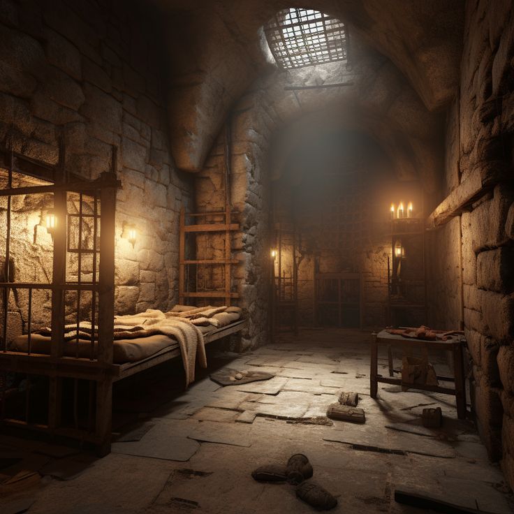 a dimly lit room with stone walls and flooring