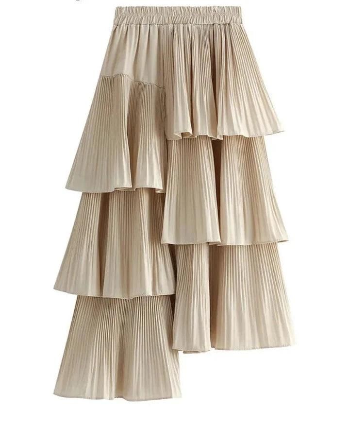 Introducing the Pleated Skirt Fashion with irregular ruffled edges. This solid color skirt adds elegance effortlessly. With its mid-length and all-match design, this skirt from Guocali is versatile for any occasion. The fashionable ruffled edges enhance the unique style of this skirt, making it a must-have piece. Crafted from a blend of cotton and polyester, it offers comfort with a slight stretch. The pleated design provides a flattering fit, while the solid color ensures it pairs well with any Casual Midi Skirt, Skirts Design, Skirts Pleated, Skirt With Ruffles, Unique Skirts, Pleated Long Skirt, Streetwear Casual, Long Skirts, Asymmetrical Skirt