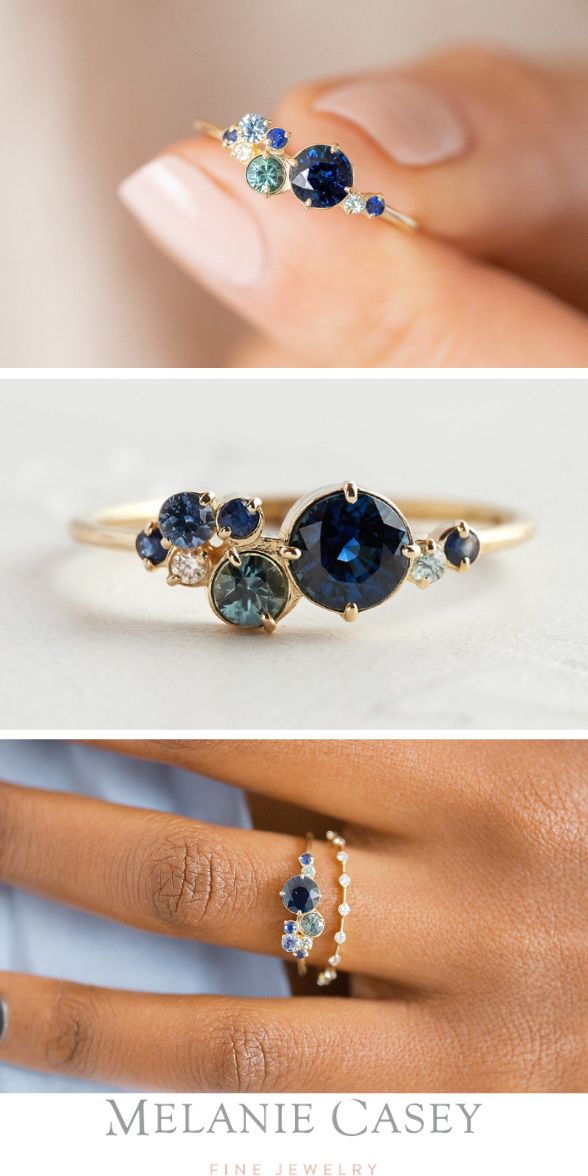 three different views of an engagement ring with blue and white stones on the side, one in