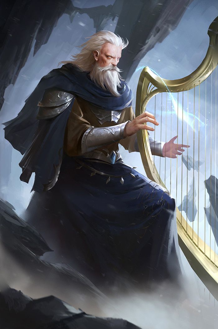 an old man holding a golden harp in his right hand and looking at the sky