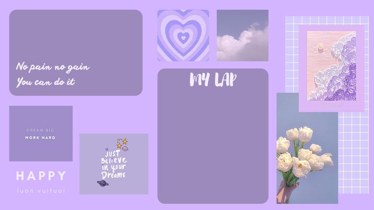 a purple and white photo collage with words, pictures, and flowers on it