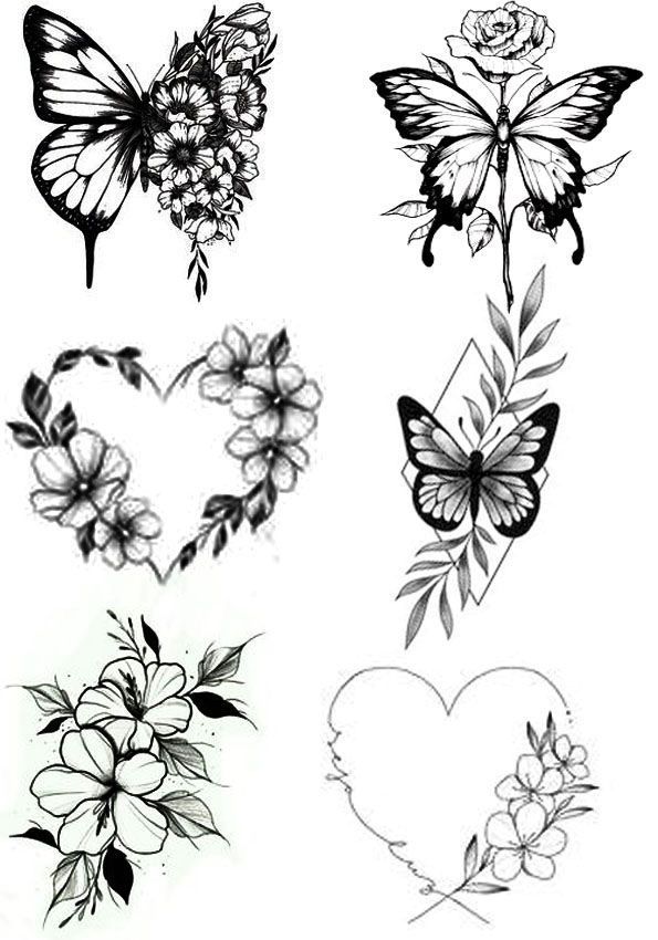 some flowers and butterflies are drawn in black ink on white paper, with the words love written