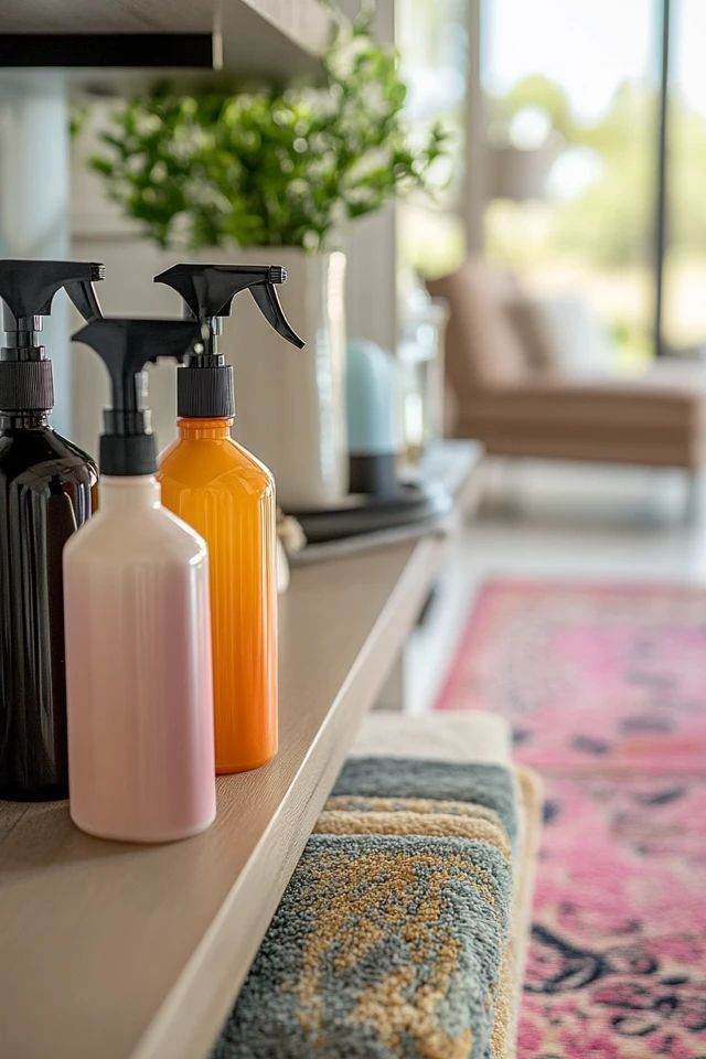 three spray bottles sitting on top of a wooden shelf next to a rug and window