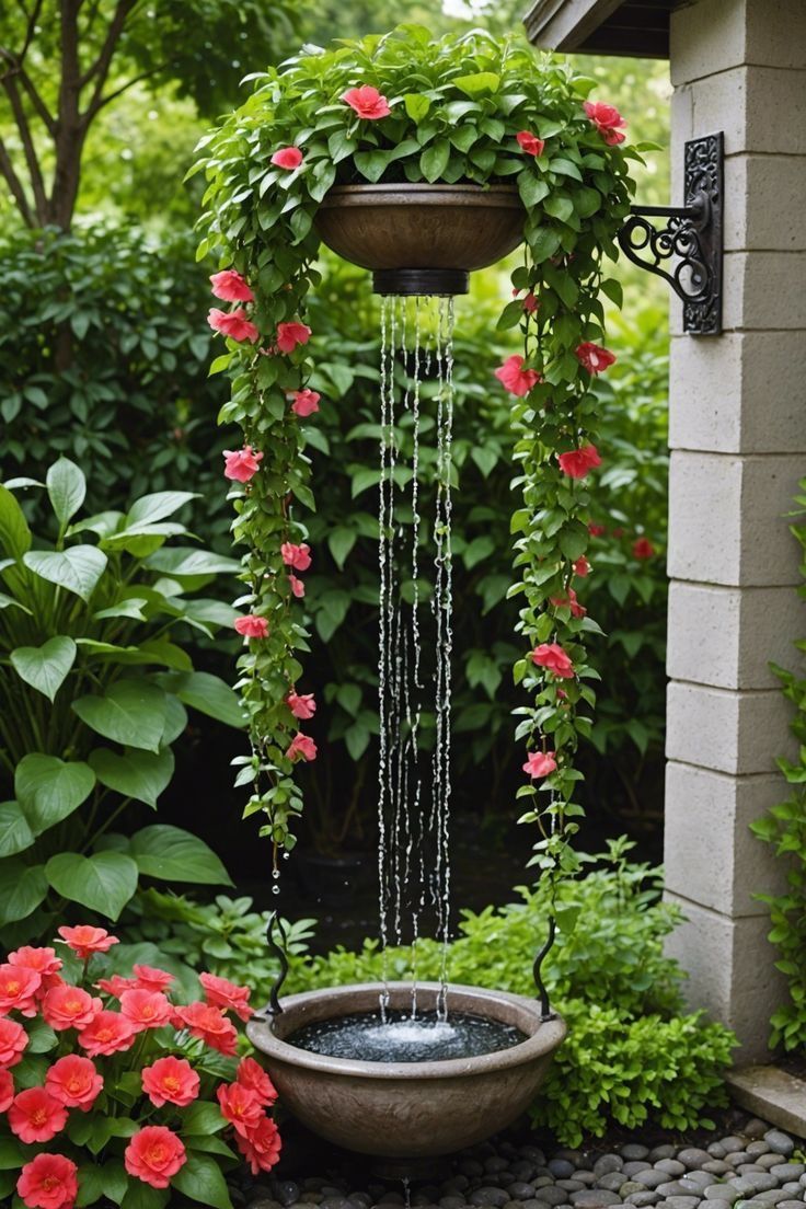 an outdoor fountain with flowers in the background and greenery around it on either side