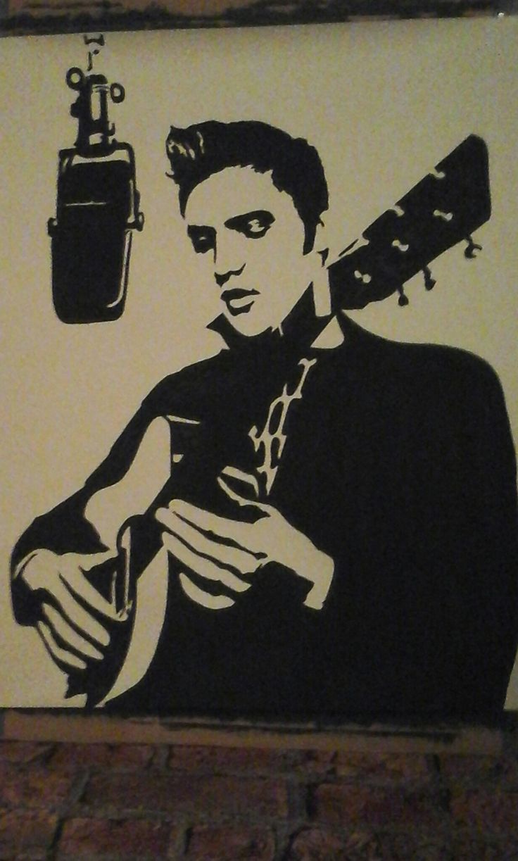 a drawing of a man holding a guitar in front of a brick wall with a microphone