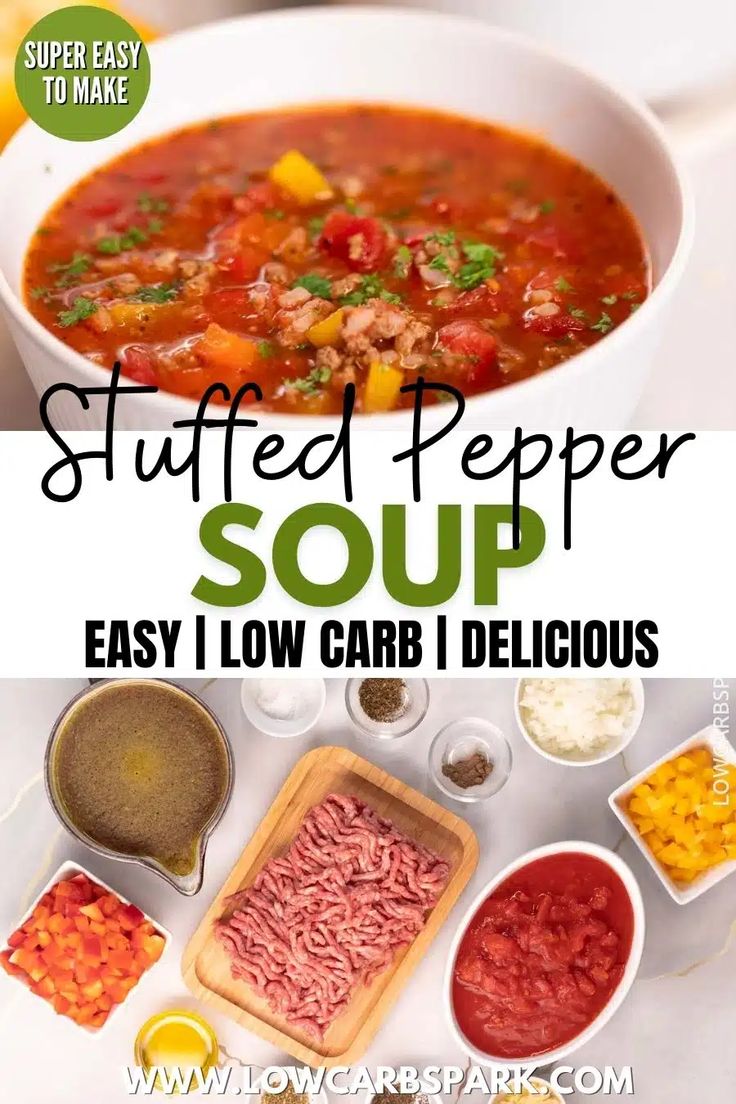 a bowl of stuffed pepper soup with ingredients to make it