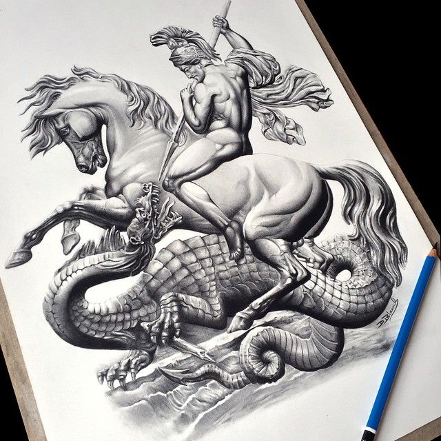 a drawing of a man riding on the back of a horse next to a dragon