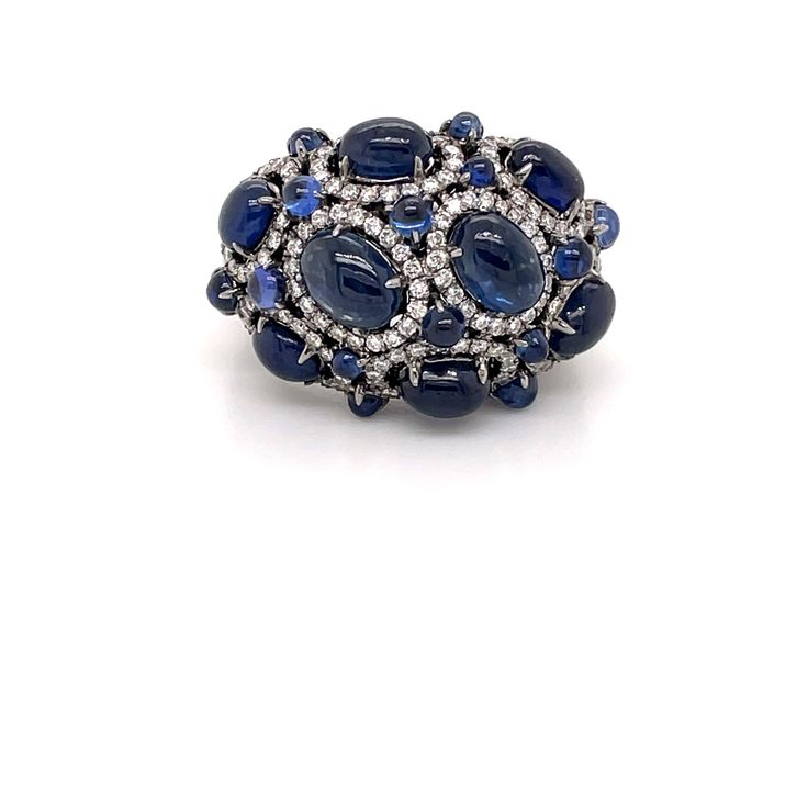 146 Round Diamonds 0.99CT 8 Oval Sapphires 6.29CT 14 Round Sapphires 1.51CT 18K White Gold 15.25GM Round Multi-stone Sapphire Ring, Sapphire Cluster Ring With 17 Jewels, Sapphire Cluster Ring, Round Sapphire, Multi Stone Ring, May 17, Multi Stone, Cluster Ring, Stone Rings