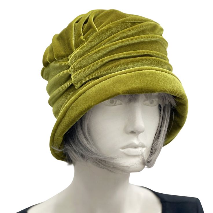 Chartreuse Velvet Cloche Hat | The Alice Chartreuse Velvet, 1930s Hats, Hat Sewing, Bespoke Hats, Cloche Hats, Hydrangea Colors, Velvet Scarf, Soft Hats, Brooch Handmade