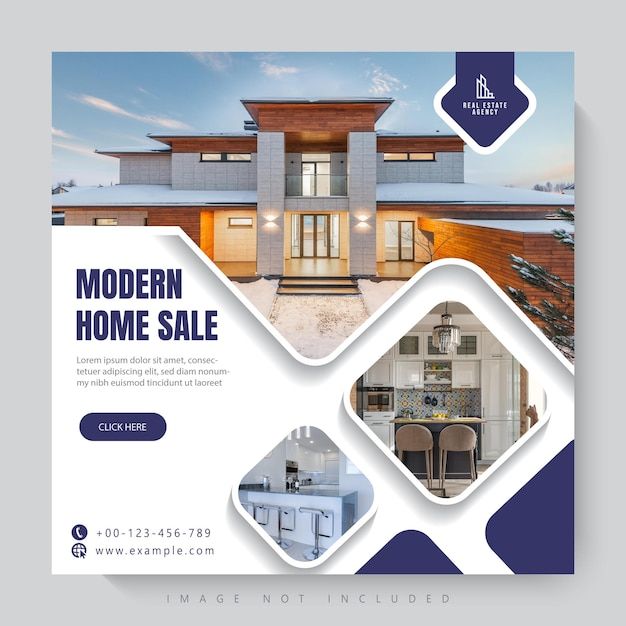 a flyer for a modern home sale with an image of a house in the background