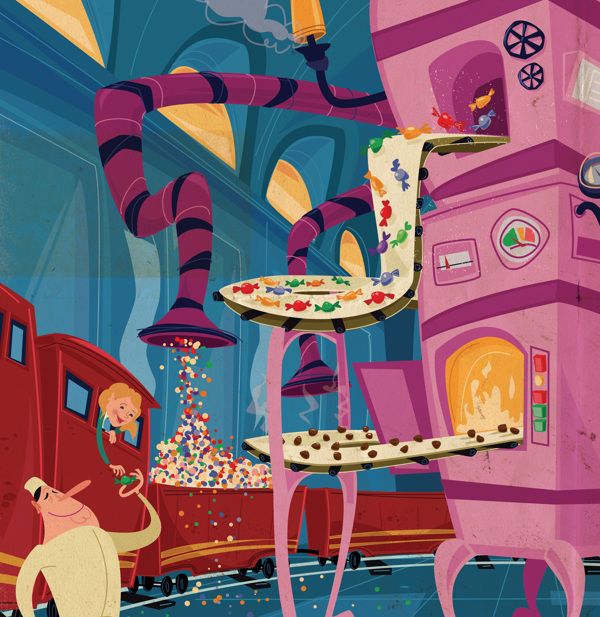 an illustration of a pink house surrounded by other things