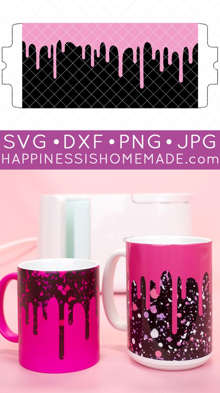 two coffee mugs with pink and black paint splattered on them