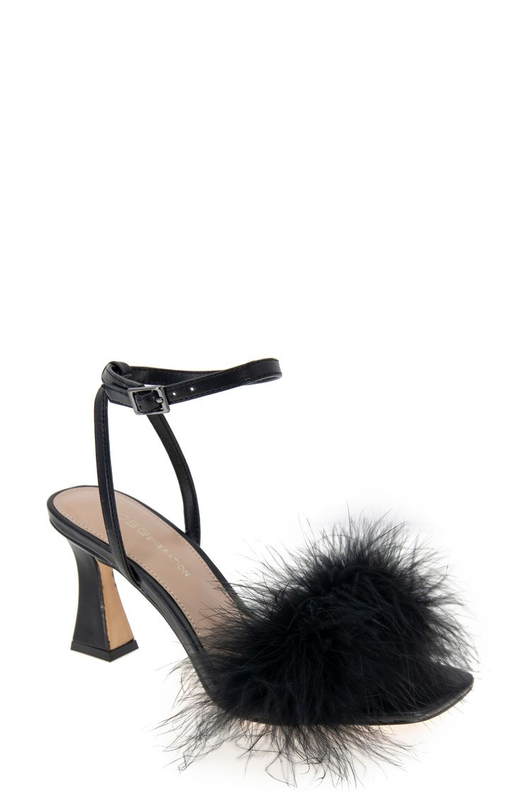 Turn up the volume in your next party look with this strappy sandal flaunting a tuft of fluffy faux feathers and a flared heel. 3" heel Adjustable ankle strap with buckle closure Memory foam-cushioned footbed Textile faux-feather and synthetic upper/synthetic lining and sole Imported Summer Evening Heels With Feathers, Spring Glamorous Heels With Feather Trim, Glamorous Spring Heels With Feather Trim, Party Heels With Feather Trim, Chic Sandals With Feather Trim, Feathered Open Toe Sandals For Party, Chic Sandals With Feathers For Summer, Evening Sandals With Feather Trim And Ankle Strap, Spring High Heel Sandals With Feathers