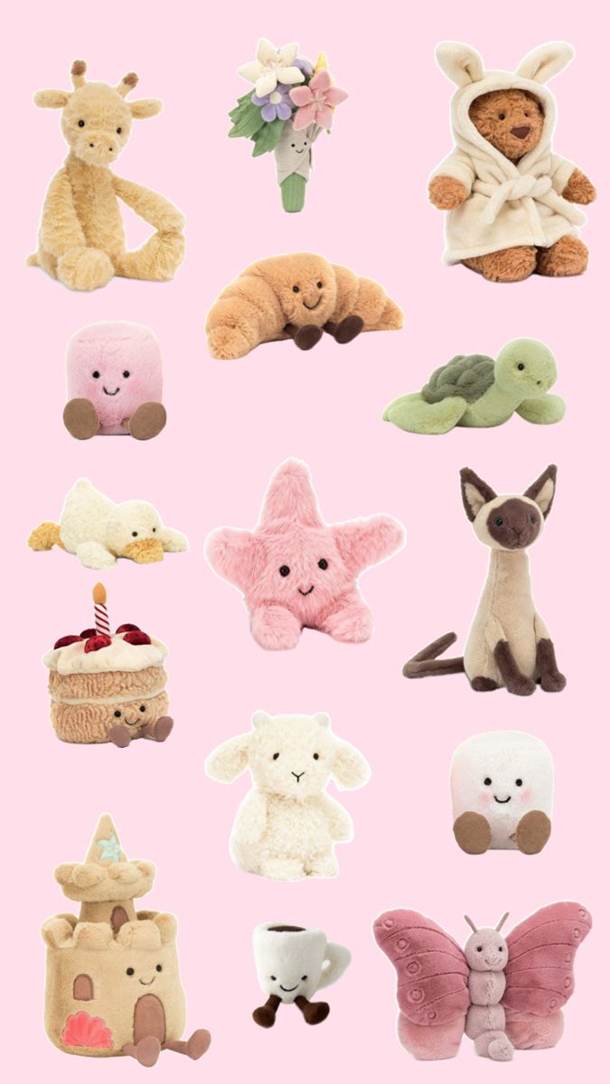 a bunch of stuffed animals on a pink background