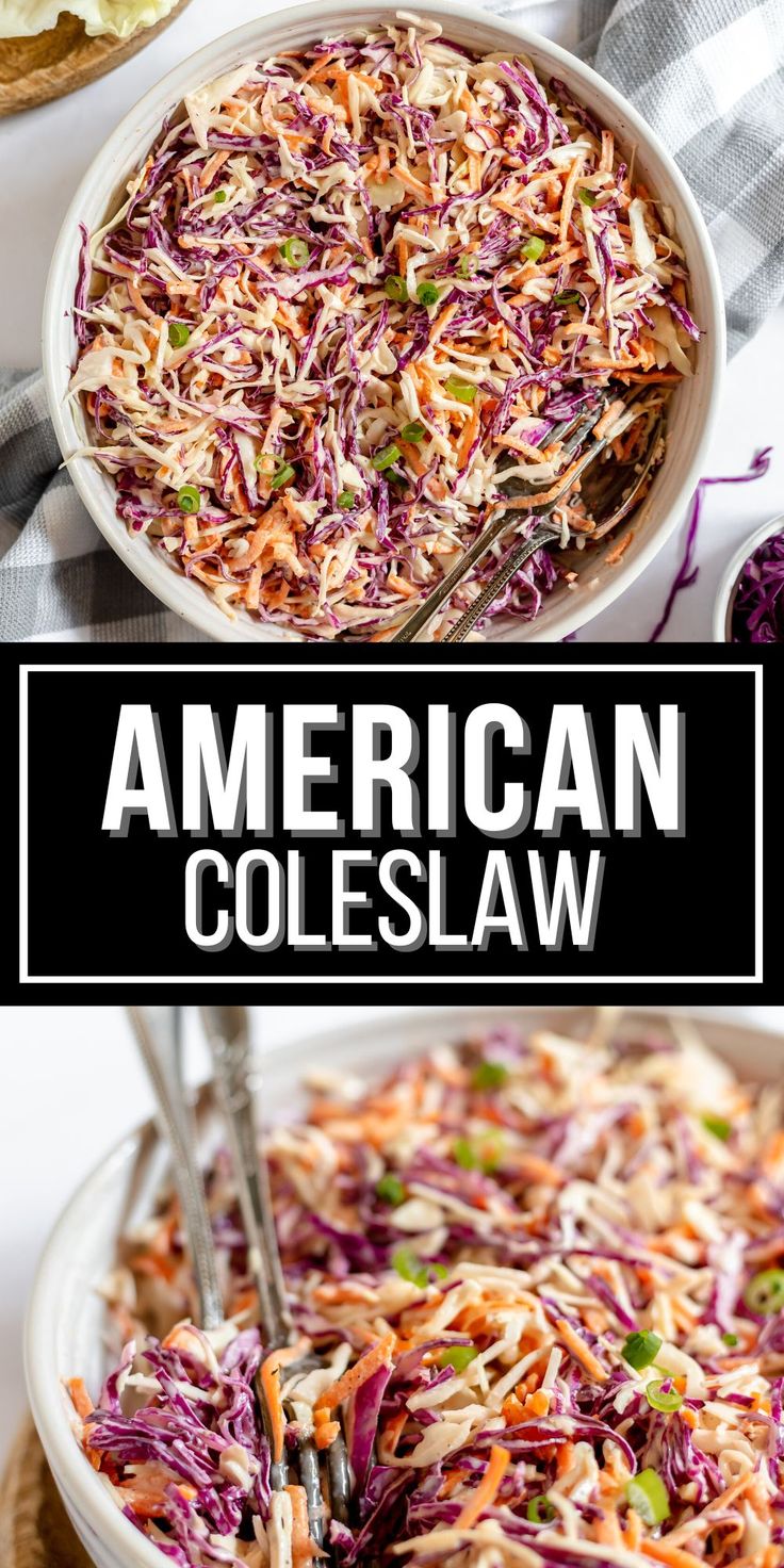 an american coleslaw in a bowl with the title above it