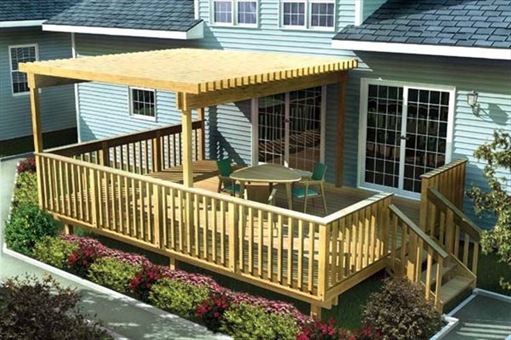 a wooden deck with an awning over it