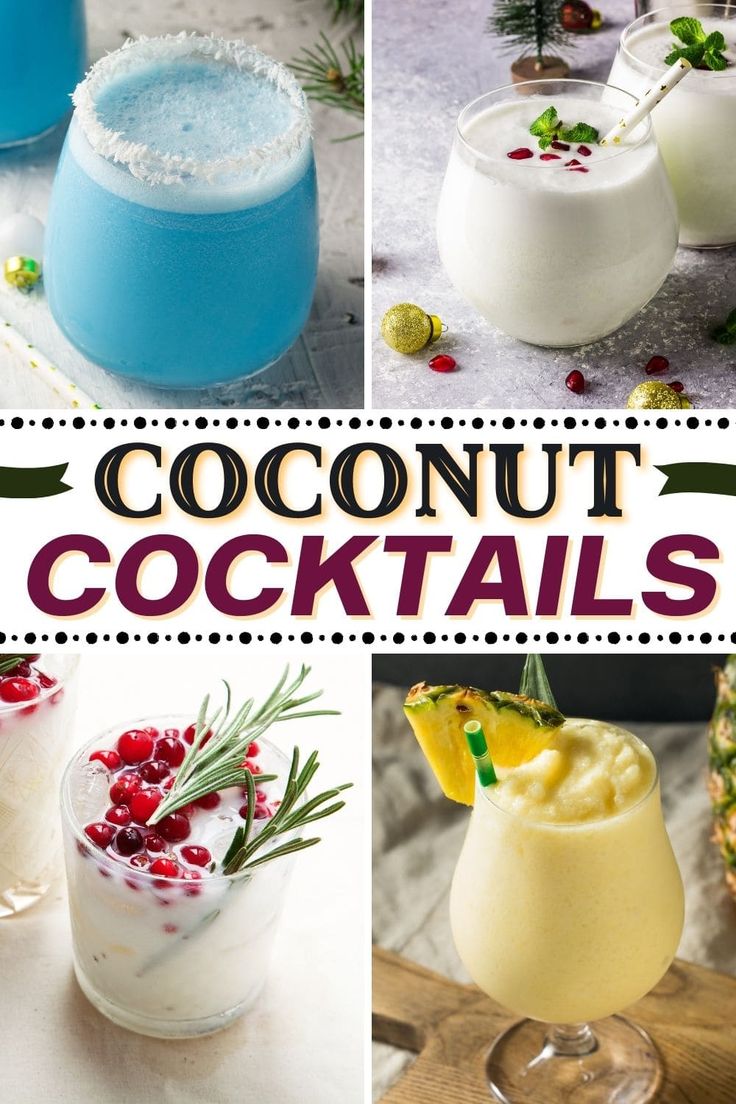 the collage shows different cocktails with coconut and cranberry garnishes