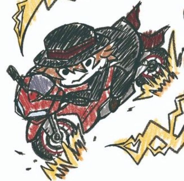 a drawing of a cartoon character on a motorcycle with lightnings in the back ground