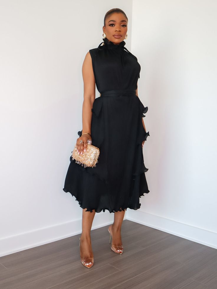 Denise Ruffle Dress (Black) Two Piece Black Tie Dress, Dressing Like A Lady Classy, Black Work Wardrobe, Black Women Europe Outfits, Double Breasted Dress Outfit, Fall Wedding Guest Outfit Black Women, All Black Cocktail Attire, Work Fashion 2024, Spring Gala Dress