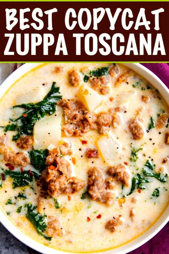 the best copycat zuppa toscana soup recipe is in a white bowl