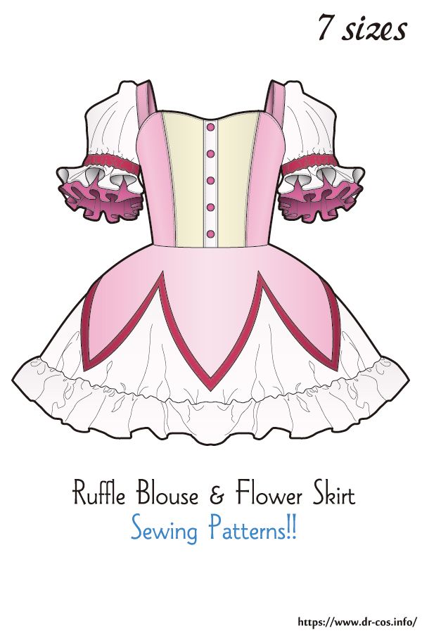 an image of a dress with the words ruffle blouse and flower skirt sewing patterns