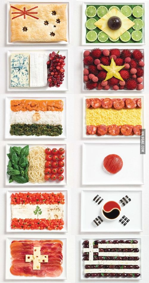 an array of different foods arranged in the shape of flags