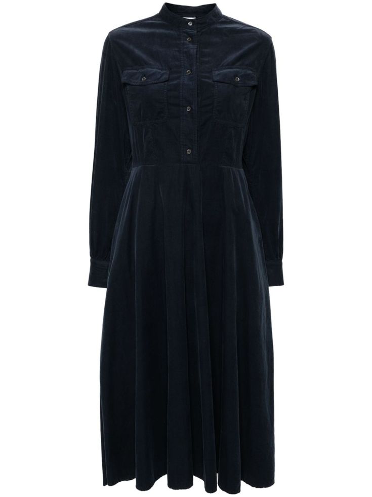 navy blue cotton corduroy band collar two chest patch pockets long sleeves buttoned cuffs flared skirt unlined straight hem short front button fastening Winter Collared Dresses With Pockets, Fall Midi Dress With Buttoned Pockets, Fall Midi-length Dresses With Buttoned Pockets, Cotton Midi Dress With Pockets For Fall, Long Sleeve Midi Dress With Pockets For Work, Fall Midi Dress With Pockets, Classic Workwear Dresses With Buttoned Pockets, Collared Midi Dress With Pockets For Fall, Mid-length Shirt Dress With Pockets For Work