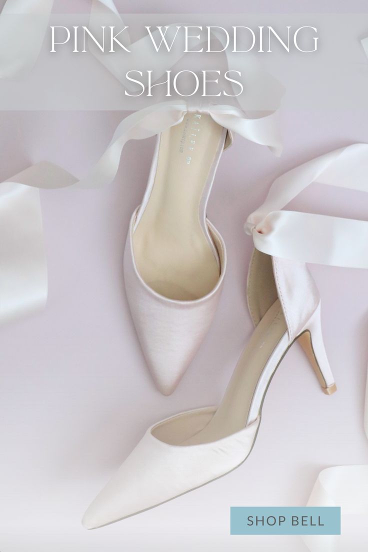 These beautiful heels feature a soft and delicate shade of pink that exudes romance and grace. The ribbon ankle strap adds a charming detail, creating a dainty and whimsical look. The ankle strap also ensures a secure fit, allowing the bride to dance the night away. Satin Wedding Shoes With 4-inch Heel, Satin Closed-toe Bridesmaid Wedding Shoes, Wedding Heels With Heel Strap In Satin, Satin Heels With Heel Strap For Wedding, Satin Heels With Ankle Strap For Wedding, Satin Ankle Strap Heels For Wedding, Feminine Satin Pointed Toe Heels, Spring Wedding Satin Heels, Satin Heels With Ankle Tie And Bow