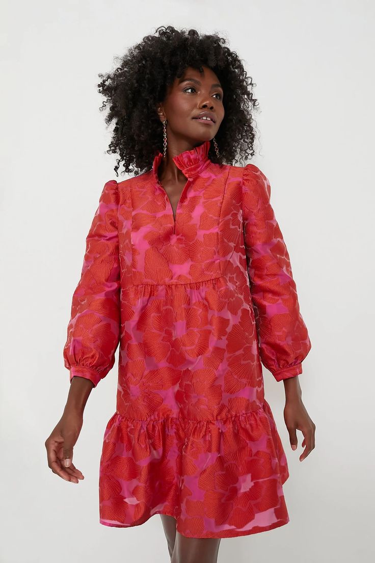 Red Fil Coupe Palmerston Dress | Tuckernuck Red Stand Collar Dress For Spring, Fall Floral Print Dress With Stand Collar, Tuckernuck Dress, Sheer Texture, Festive Attire, Daphne Dress, Notched Neckline, Bright Florals, Blue Poppy