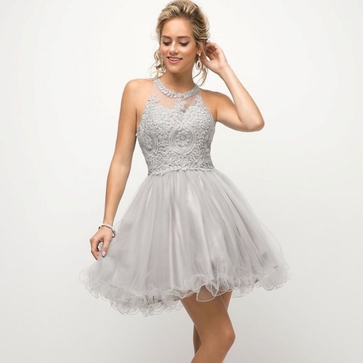 Short Layered Cocktail Dress In Silver Gray Prom Dress With Fitted Bodice, Gray Knee-length Wedding Dress, Fitted Lace Dress For Spring, Elegant Homecoming Dress For Spring, Elegant Homecoming Lace Dress With Fitted Bodice, Summer Wedding Gray Dresses, Elegant Fit And Flare Homecoming Mini Dress, Elegant Fit And Flare Mini Dress For Homecoming, Elegant Midi Dress With Fitted Bodice For Homecoming