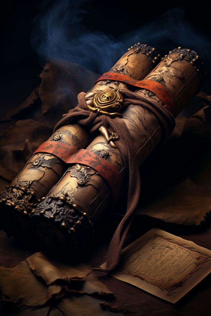 an old book is wrapped in brown paper and has ornate designs on it, with a golden buckle