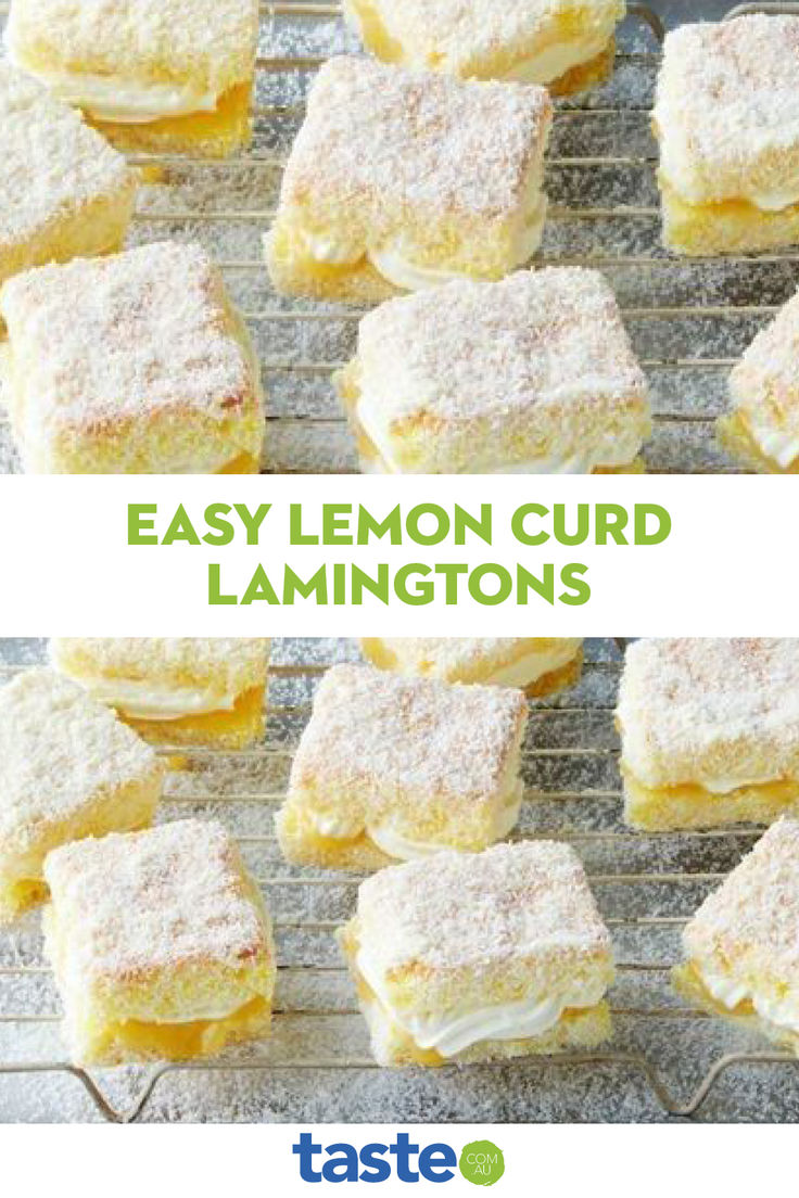 lemon curd lamingtons on a cooling rack with the words easy lemon curd lamingtons