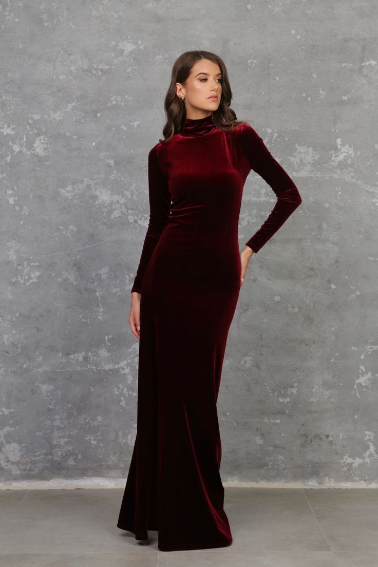 Velvet Evening Dress Bridesmaid Burgundy Dress with Mock Neck Long Sleeve Side Leg Slit Party Dress Our dresses are made with love in Europe. More Désir Vale dresses can be found here: desirvale.etsy.com ❖ The material is quality, flexible and stretchy. ❖ Please read the dress description and find your size. ❖ In note to seller please write: your height without shoes, bust, waist, hips measurements,  whatever length of skirt you want. (XXS) US 0 /UK 2/- Bust 32.3 (82 cm), Waist 24.4 (62 cm), Hips 33.8 (86 cm) (XS) US 2 /UK 4/- Bust 33.8 (86 cm), Waist 26 (66 cm), Hips 34.6 (88 cm) (S) US 4 /UK 6/- Bust 34.6 (88 cm), Waist 28.3 (72 cm), Hips 35.4 (90 cm) (S/M) US 6 /UK 8/- Bust 35.4 (90 cm), Waist 29.9 (76 cm), Hips 36.2 (92 cm) (M) US 8 /UK 10/- Bust 36.2 (92 cm), Waist 31.5 (80 cm), Hips Burgundy Velvet Dress, Civil Wedding Dresses, Velvet Bridesmaid Dresses, Velvet Bodycon Dress, Long Sleeve Velvet Dress, Ceremony Dresses, Dress Velvet, Maxi Bridesmaid Dresses, Engagement Dresses