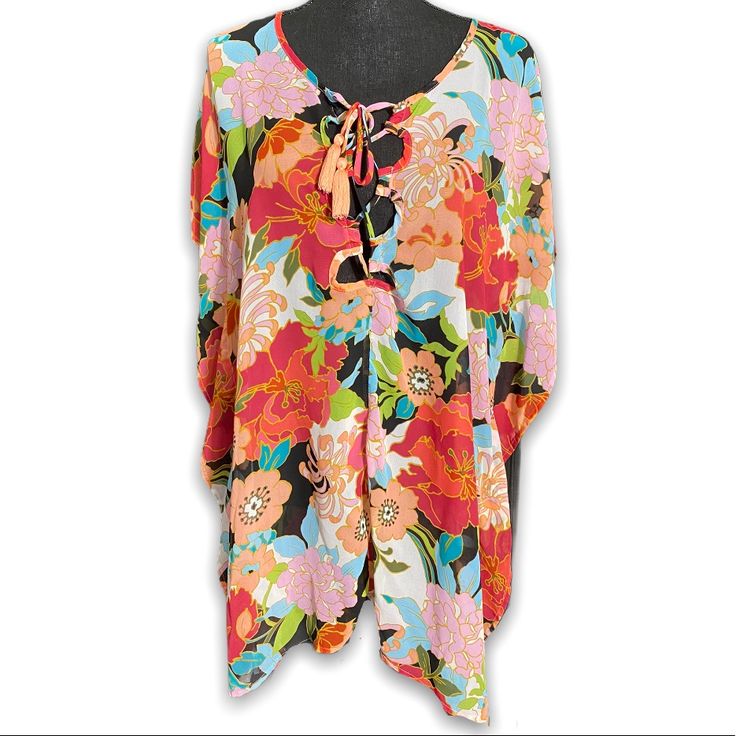 Brand-New With Tags On Very Sheer Overlay Blouse Tassle-Ties No Tag V-neck Tropical Print Blouse For Beach, Spring Beachwear Top With Vibrant Print, Floral Print Tops For Vacation Day Out, Floral Print V-neck Beachwear Top, Summer Floral Print Blouse For Beach Season, Bohemian Blouse With Tropical Print For Beach, Floral Print Vacation Tops For Beach Season, Floral Print Beachwear Blouse For Vacation, Summer Beachwear Blouse With Floral Print