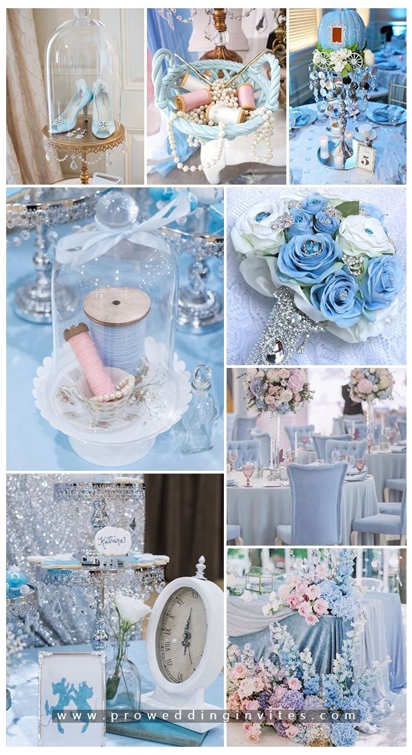 a collage of blue and white wedding decor with roses, candles, flowers and other items