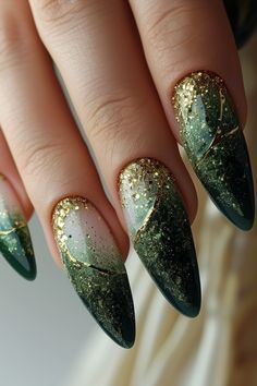 Green And Gold Coffin Acrylic Nails, Elven Inspired Nails, Dark Green Nail Art Designs, Once Upon A Time Nails Ideas, Nature Themed Nail Art, Mystical Nails Green, Elven Nails Designs, Fae Inspired Nails, Fairytale Nail Designs